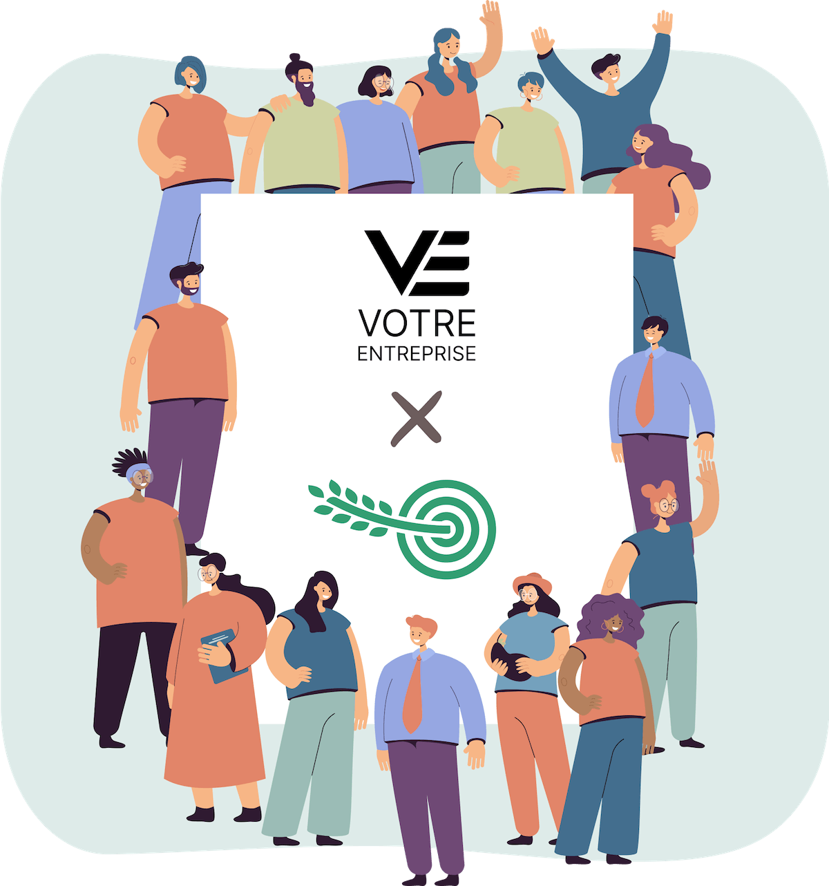 Une quinzaine de personnes entourent un panneau 'Votre Entreprise X Robin des Fermes'